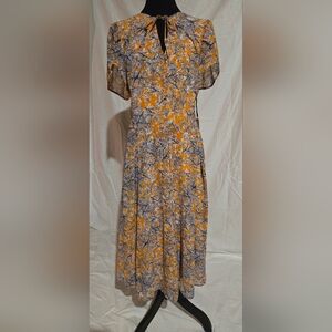 Unique Vintage Mustard & Ivory Leaf Print Dahlia Midi Dress XL